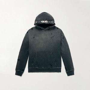 เสื้อฮู้ดผู้ชายสไตล์วินเทจ ล้างสีแบบดิสเทรส แต่งคริสตัล แต่งขอบด้วยหนังกลับแบบดิสเทรส เป็นมิตรกับสิ่งแวดล้อม สำหรับฤดูหนาว ผลิตตามแบบ OEM - Product Image 1