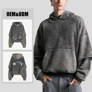 เสื้อฮู้ดโอเวอร์ไซส์ OEM ลายพิมพ์ปักแบบดิสเทรส สไตล์สตรีท แบบสองชิ้น ผ้าเฟรนช์เทอร์รี่ สำหรับผู้ชาย - Product Image 2