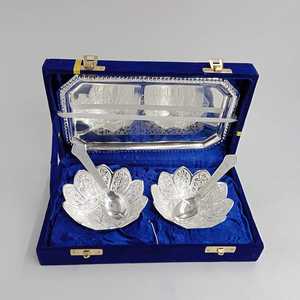 Luxury German Silver Double <b>Bowl</b> Tray Set Spoons <b>Blue</b> Velvet Box Ethnic Diwali Corporate Gifts Antique Finish Tableware Utensils - Product Image 2