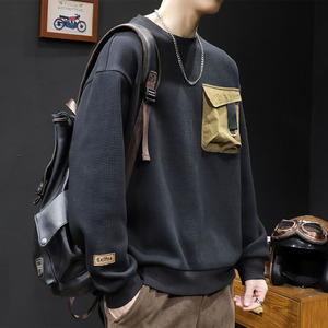 Spring and Autumn Fashion Casual Versatile Loose Plus Size Round Neck American True Pocket Temperament <b>Men's</b> Simple Sweatshirt - Product Image 3