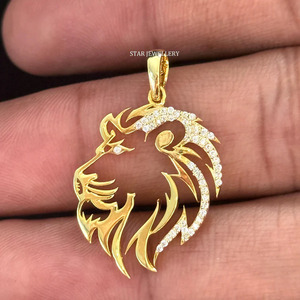 14K Or Massif Naturel Diamant Lion Pendentif Fine Jewelry. - Product Image 3