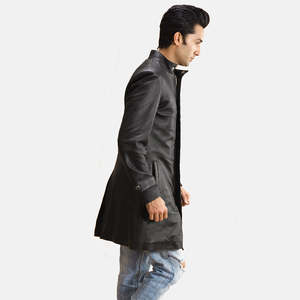 Midlander Casual <b>Black</b> Leather <b>Coat</b> Quilted Pattern Hooded Overcoat Wool Filling Button Genuine Knitted Lightweight Soft - Product Image 2