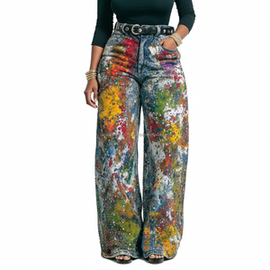 Pantalones Vaqueros Anchos de Estilo Urbano con Diseño de Salpicaduras de Pintura, Unisex, Hip Hop, Holgados, Transpirables y Vibrantes - Product Image 1