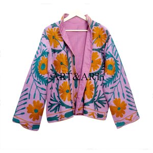 Veste matelassée en coton 100% écologique pour femme, brodée Suzani, style bohème multicolore floral, aspect riche, veste vintage - Product Image 6