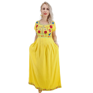 ชุดเดรส Maxican ยาวถึงข้อเท้าสำหรับผู้หญิง,เดรสลำลองแขนสั้นปักลายดอกไม้ - Product Image 1