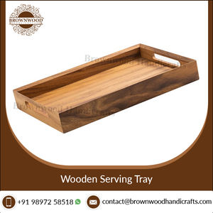 Venta de fábrica, bandeja de servicio hecha a mano de madera con asas, bandeja de servicio de comida de madera de acacia para decoración del hogar, bandeja de servicio hecha en India - Product Image 3