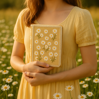 LABON Carnet de notes A5 brodé de marguerites Journal en tissu jaune avec bord en dentelle Détails de perles Design floral mignon pour cadeau et écriture