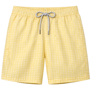 Shorts de Baño Reciclados para Hombre, Diseño a Cuadros Mini Amarillos, Secado Rápido, con Cintura Elástica, Cordón y Bolsillos - Product Image 1