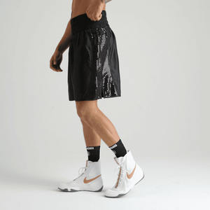 Pantalones cortos de boxeo brillantes de Material de poliéster negro para hombre, novedad, más cómodos, a la venta, ropa de artes marciales personalizada - Product Image 4