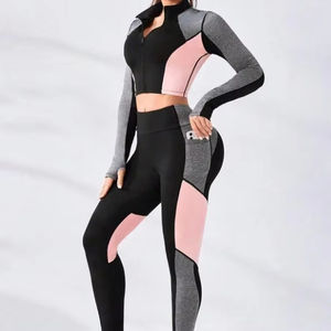 Ensemble de sport 2 pièces Veste à fermeture éclair et legging à manches longues Stretch dans les quatre sens Ensembles de sport de yoga pour femmes - Product Image 5