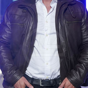Veste de motard en cuir véritable pour hommes avec poches à fermeture éclair, col montant, tissu en toile, imperméable et coupe-vent - Product Image 6