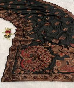 TRADICIONAL SUAVE LICHI SEDA JACQUARD TEJIDO TRABAJO SAREE CON BLUSA DESCOSTADA DESPIECE DE FIESTA PRECIO AL POR MAYOR ROPA ÉTNICA NEGRO - Product Image 1