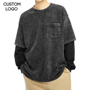 T-shirts à manches longues pour hommes, surdimensionnés, 100% coton, double couche, lavage à l'acide, poids lourd, avec logo personnalisé - Product Image 1