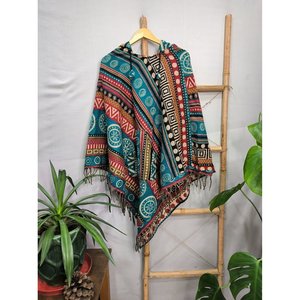 Geometric Urban Warm Hygge <b>Poncho</b> for Men and Women Yak <b>Wool</b> Blend with Hood and Pockets Handwoven and Decorated with Tassels - Product Image 5