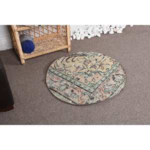 Tapis Vintage en Laine Classique Turque 2.4X2.4 pieds Design Patchwork Beige et Vert avec Support en Latex - Product Image 2