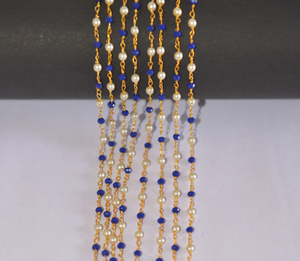 3mm Blue Glass Beads & <b>White</b> Pearl Rosary Chain Gold Plated Brass Wire Wrapped Beaded Chain by the Foot for DIY Jewelry Making - Product Image 2