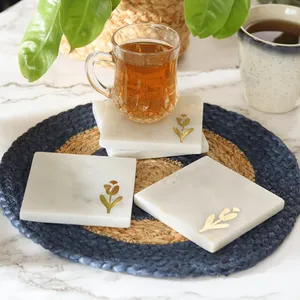 Juego de Posavasos Cuadrados de Mármol Blanco Natural con Diseño Clásico de Tulipán, Ecológicos y Resistentes al Calor |   Venta al por Mayor para el Hogar y la Oficina - Product Image 4