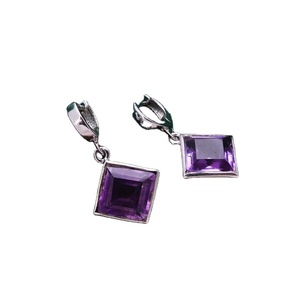 92.5 Sterling <b>Silver</b> 5.8 Gram Earring Nice Quality 1.1"Long Faceted Square Natural Amethyst Gemstone Jewelry Wholesale - Product Image 1