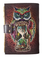 Cuaderno de Tapa Dura con Estampado de Búho Multicolor, 100% Cuero Genuino, con Cierre Metálico Tipo C-Lock, Páginas Artísticas con Borde Decorativo