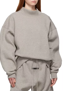 Women's Embroidered French Cotton Terry Sweatshirt Oversized <b>Mock</b> Neck Pullover Plain Grey Breathable Casual for Autumn Winter - Product Image 4