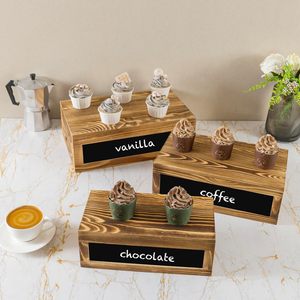 Caja Rectangular de anidación de madera quemada rústica, soportes de exhibición de pasteles con etiquetas de pizarra, elevadores de madera apilables para servir postres - Product Image 4
