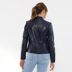 Chaqueta de Cuero para Mujer, Estilo Aviador Vintage de Lujo, Color Azul Marino, con Relleno de Algodón Genuino, Cuello con Botones, Diseño OEM - Product Image 2