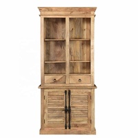 Armoire de cuisine industrielle en fer et bois de manguier massif avec deux portes, deux tiroirs de rangement, vitrine murale, armoire