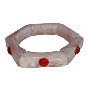 Fashion Luxury Hexagonal Pink Marble Texture Resin Bangle <b>Bracelet</b> with <b>Red</b> Coral-Style Beads - Trendy Geometric Chunky Jewelry - Product Image 1