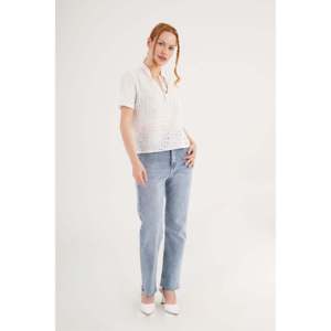 Blusa de Manga Corta con Cordones y Borlas de Guipur para Mujer, Marca Lustrin, Blusa Informal de Mezcla de Poliéster y Algodón Blanca para Verano - Product Image 1