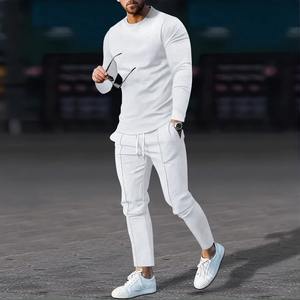 Camiseta de manga larga con cuello redondo y pantalones de chándal de dos piezas para hombre, traje informal de moda de Color sólido para hombre - Product Image 6