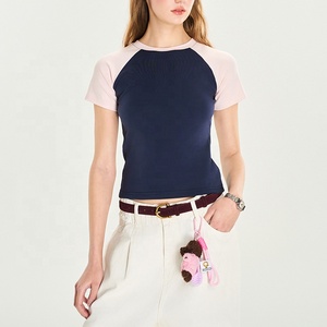 Summer New American Style Slim <b>Raglan</b> Sleeve Crop <b>Top</b> Fit Cropped T-Shirt Solid Ribbed Crew Neck Tee for Women Street Style - Product Image 1