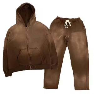 Chándales de diamantes de imitación de gran tamaño personalizados, chándales lavados con ácido de estilo holgado, conjunto de pantalones de chándal y sudadera con cremallera para hombres - Product Image 5