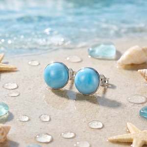 Boucles d'oreilles clous Jeulia en larimar bleu taille ronde, serties clos en argent sterling, bijoux de mariage - Product Image 2