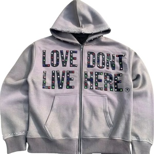 เสื้อฮู้ดซิปผู้ชายสีเทา ประดับเพชร ปักข้อความตามสั่ง สไตล์สตรีทแวร์ ผ้าฟลีซ ขายส่ง LOVE DONT LIVE HERE แฟชั่น - Product Image 1