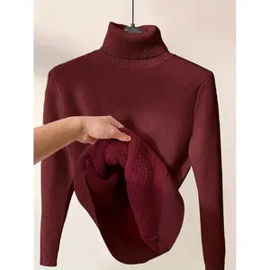 Pull-over décontracté à col roulé uni pour femme, haut thermique à manches longues pour l'automne et l'hiver avec logo frontal, épaisseur fine - Product Image 5
