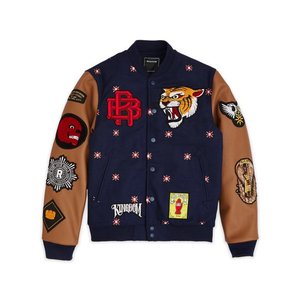 Men's Stand Collar <b>Varsity</b> <b>Jacket</b> With Faux Leather Sleeves Chenille Embroidered Patches & Labels Design - Product Image 1