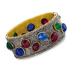 Classic Design Natural Rosecut <b>Diamond</b> Gold Plated Yellow Solid 925 Sterling Silver Handmade Wedding Victorian Emerald <b>Bangle</b> - Product Image 1