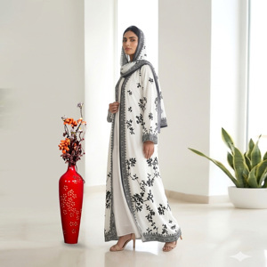 Premium Bember Crepe Open Abaya with Matching Hijab Black and White Floral Print Modest Islamic Clothing <b>for</b> Women - Product Image 1