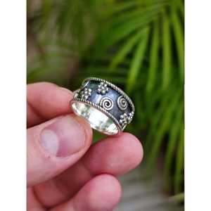 Handmade 925 Sterling Silver Flower <b>Ring</b> Band Boho <b>Thumb</b> <b>Ring</b> with Inlay Chunky Artisan Design Jewelry for <b>Women</b> Gift for Her - Product Image 1
