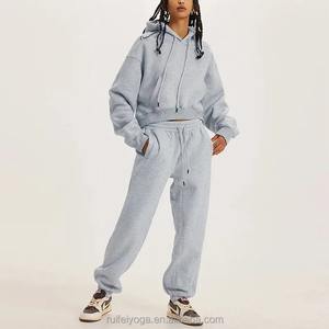 OEM personalizado Fitness trajes para las mujeres de alta calidad liso Sudadera con capucha Jogger blanco deportes Jogging traje de algodón de las mujeres de 2 piezas Sweatsuit - Product Image 6