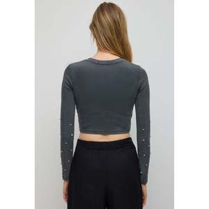 Camiseta Casual de Manga Larga, Corte Regular, 100% Algodón, con Adornos de Perlas y Piedras - Product Image 5