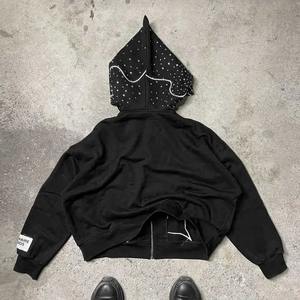 Sweat à capuche en molleton de coton zippé avec logo en détresse imprimé de strass Veste à capuche de marque privée avec logo personnalisé - Product Image 4