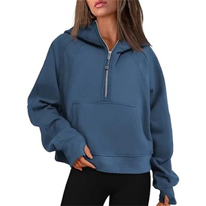 Nouveau automne demi fermeture éclair polaire chaud sweats à capuche femmes solide décontracté ample court sweats pouce trou col montant pulls à capuche - Product Image 1