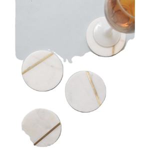 <b>White</b> Round Marble with Brass Inlay Custom Size Luxury Marble Stone& Metal Inlay Cup Coaster for Tea or Coffee - Product Image 1
