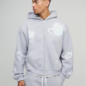 Sweats à capuche pour hommes gris 330GSM surdimensionnés Boxy Fit Heart Printed Zip Up Through Cotton Blended New Design Hoodies Men Vente en gros personnalisé - Product Image 1