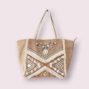 Light Brown And <b>White</b> Handcrafted Jute <b>Handbag</b> - Product Image 1