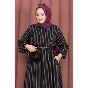 Black Striped Two-Piece Set Bow Collar Casual Summer Outfit XS-XL Crepe Fabric Top and <b>Skirt</b> - Product Image 2