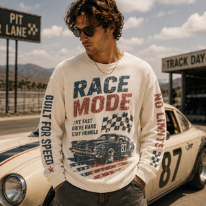 Camiseta de manga larga de punto gofrado extragrande con estampado de letras retro personalizado para aficionados a las carreras, estilo urbano, para eventos de motociclismo - Product Image 1