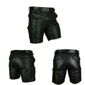 Custom Men's Black Real Leather Cargo Shorts Quick Dry Mesh Fabric Solid Pattern Club Wear with Pockets Casual Shorts OEM