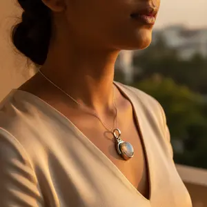 Pendentif tendance pour femme en argent 925 avec pierre de lune, plaqué rhodium, or rose 14 carats, orné de zircon diamant et de perles – Bijou en pierres précieuses - Product Image 1